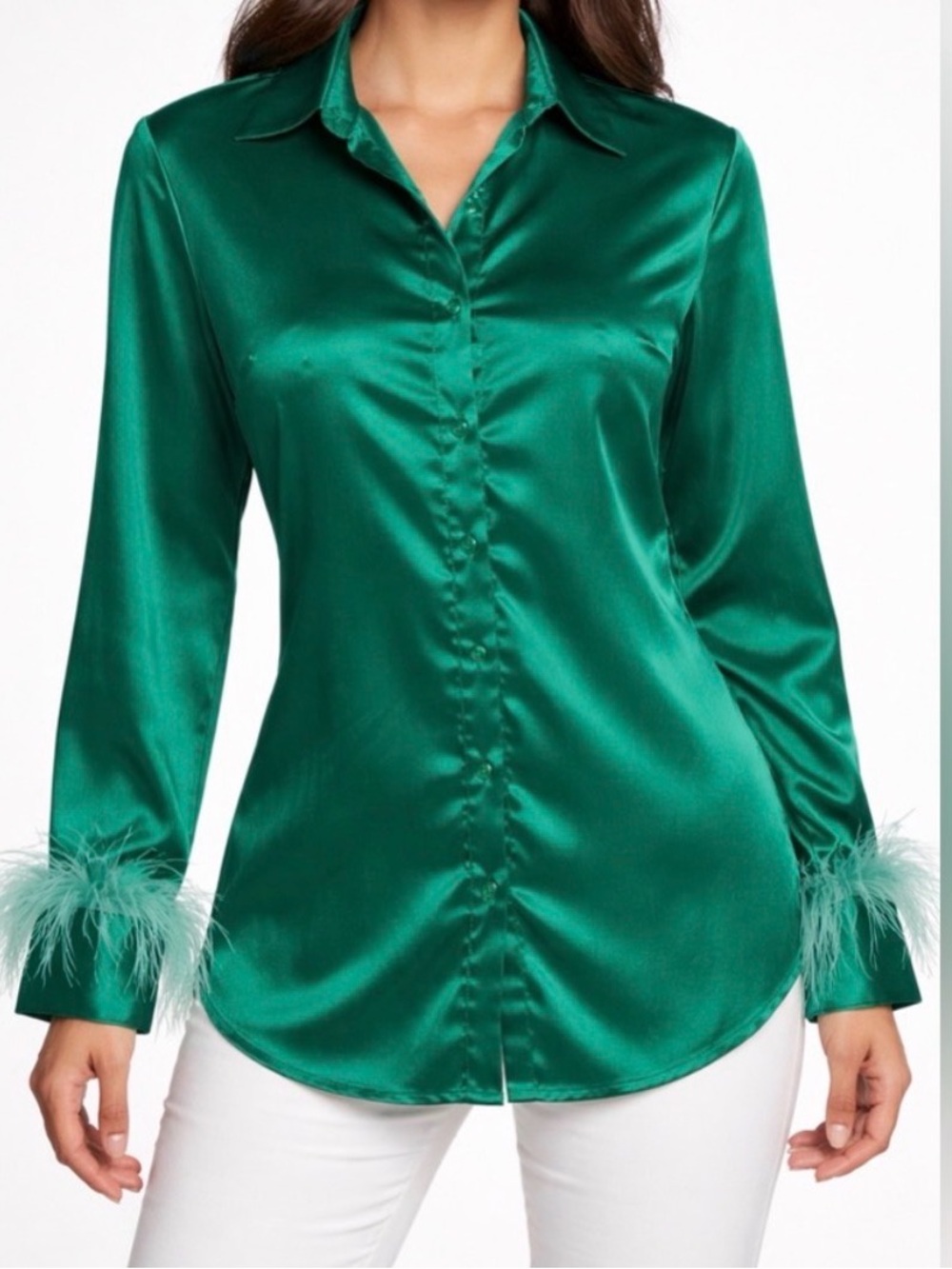 L.I.F.E. Emerald Satin Blouse Feather Cuffs Stretch women’s M(A407)✨